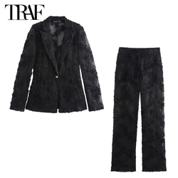 TRAF Sequin Pants Sets for Women 2 Pieces Flower Women's Pants Blazer Suits 2 Pieces Sets Women Outfit Semi Sheer Trousers Sets