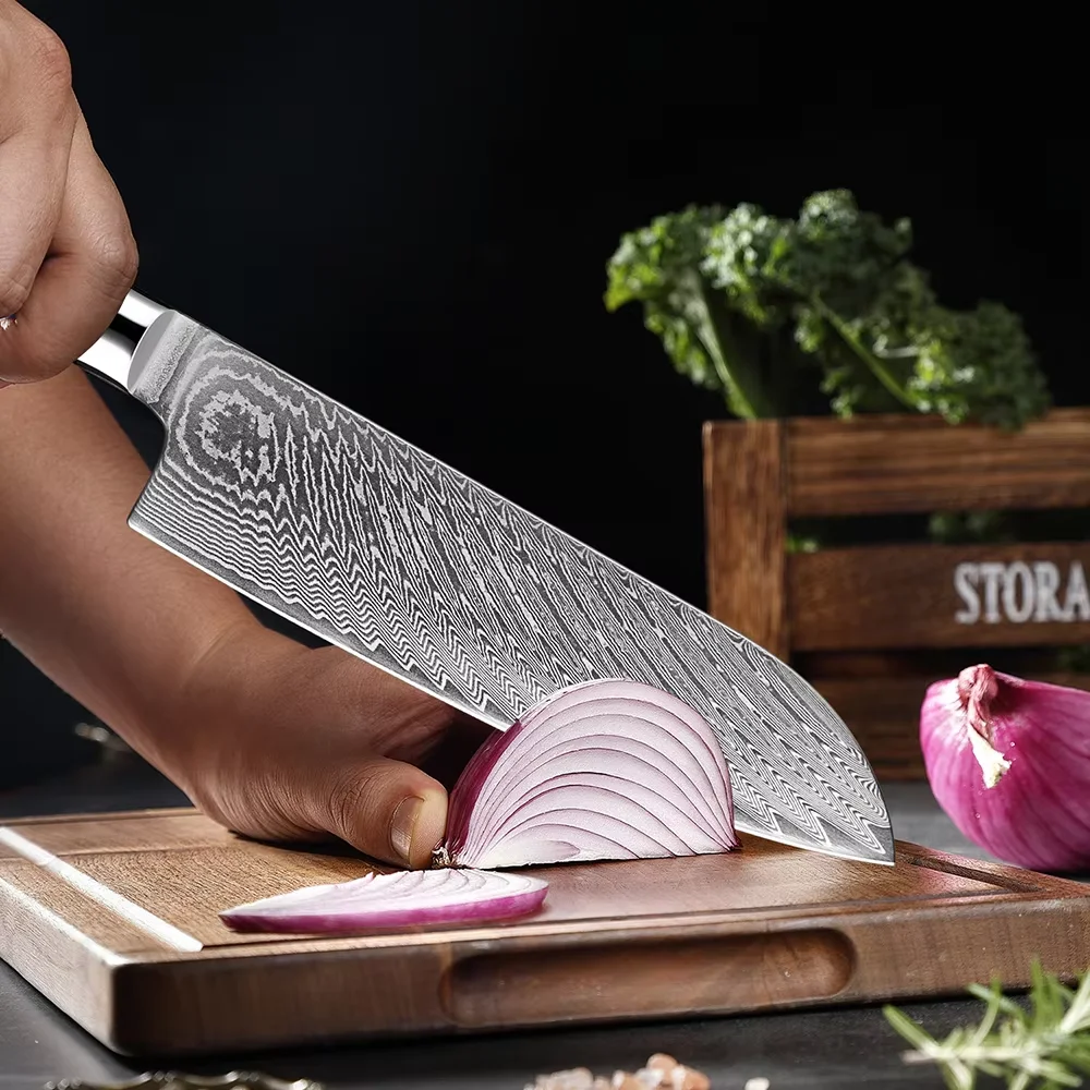 Japanese Damascus Steel Santoku Knife 7 Inch Sharp Kitchen Slicing Knife Ergonomic Resin Handle Chef Knife Sharp Cooking Knives