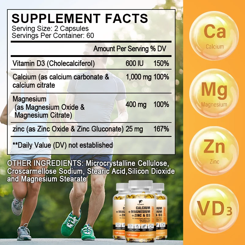 Calcium 3 in 1 Pill with Calcium, Magnesium & Zinc for Immune Support, Bone, Nerve, & Muscle Health Supplement, 120 Capsules