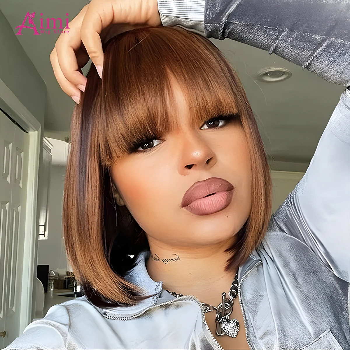 200 Dichte Highlight Braun Kurze Gerade Bob Perücke Echthaar 2x1 Spitze Glueless Perücke 100 % Echthaar Perücke Für Frauen Brasilianisches Haar