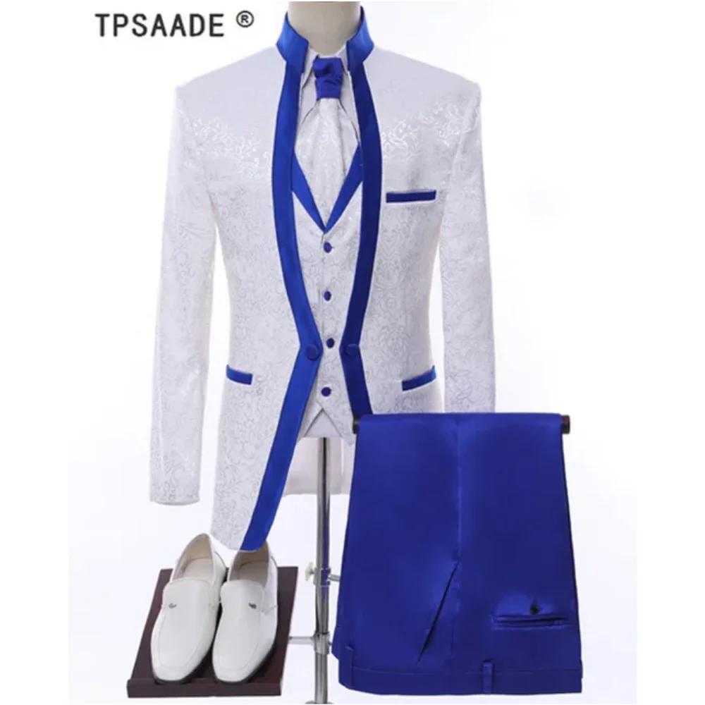 Ropa de escenario con borde azul real blanco para hombre, conjunto de traje, trajes de boda para hombre, traje de novio, esmoquin Formal (chaqueta + pantalones + chaleco + corbata)