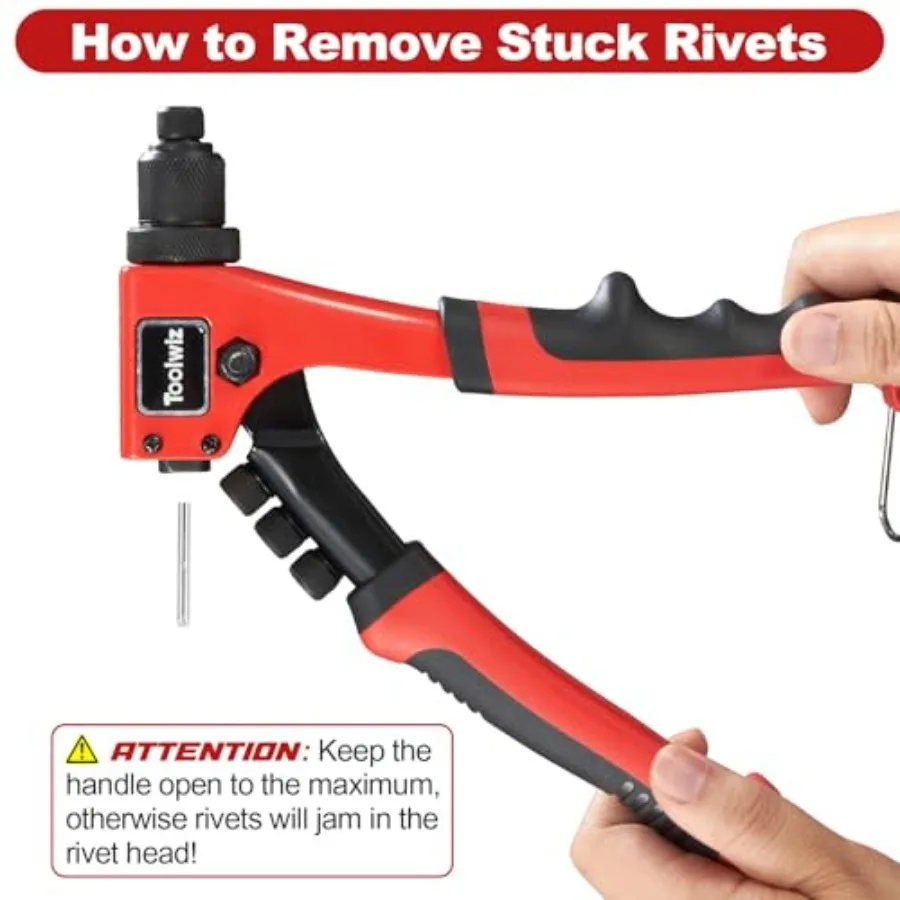 헤비 듀티 원핸드 리벳 건 키트 (리벳 200개, 공구 없이 교체 가능한 헤드 4개, 금속 및 목재용 드릴 비트 4개 포함)