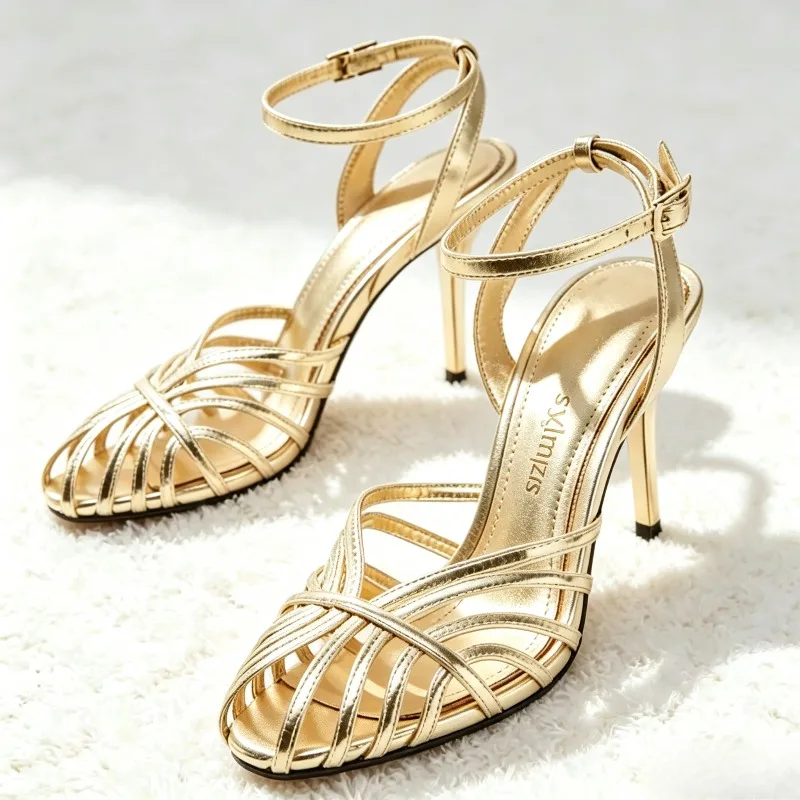 Sexy Gold Hollow Narrow Band High Heel Sandal Women Fashion Ankle Strap Buckle Thin Heel Designer Shoe Elegant Dinner Dress Shoe