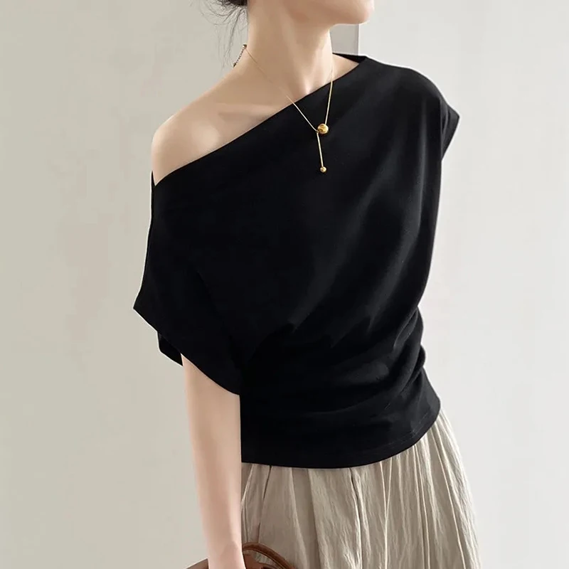 French Sexy Off Shoulder T Shirt Women Summer Fashion Slash Collar Asymmetrical Black Tees Korean Chic Pleated Casual Female Top