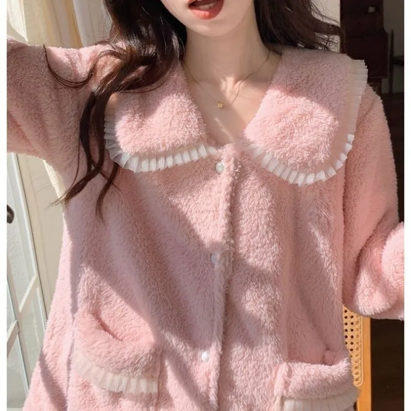 2024 New Sweet Princess Style Women\'s Pajamas Autumn Winter Coral Plush Sleepwear Warm Large Size Girls Outwear Home Wear Set