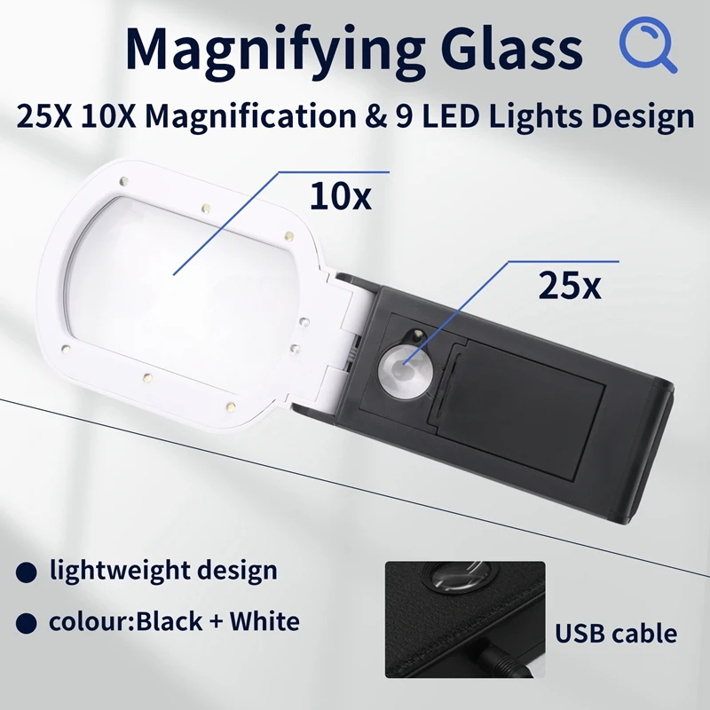 A017-Magnifying Glass With Light, 25X 10X Rechargeable Handheld And Standing Magnifier For Reading, Inspection, Jewelry