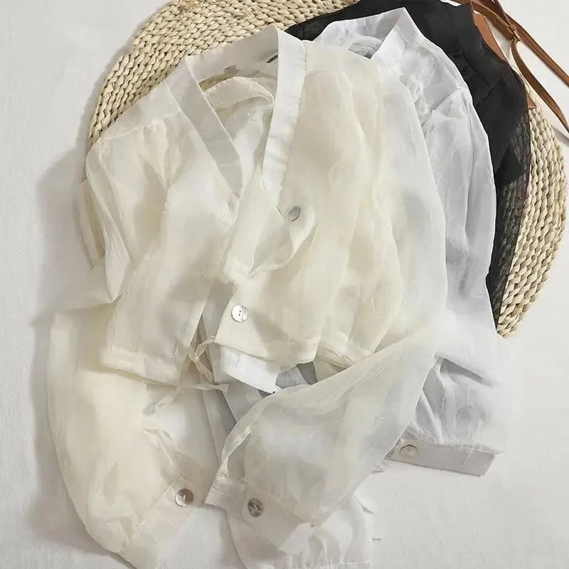 

Новая элегантная приталенная блузка из шифона с воротником-стойкой, короткая, солнцезащитная, в корейском стиле, нежная, персонализированная, для женщин