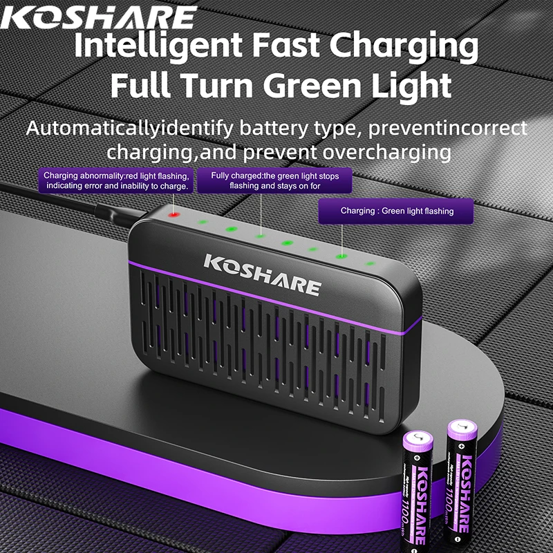 KOSHARE AAA Rechargeable Batteries 1.5V 1100mWh Lithium Battery Charging Set With 8/12 Slot LED Indicator Smart Battery Charger