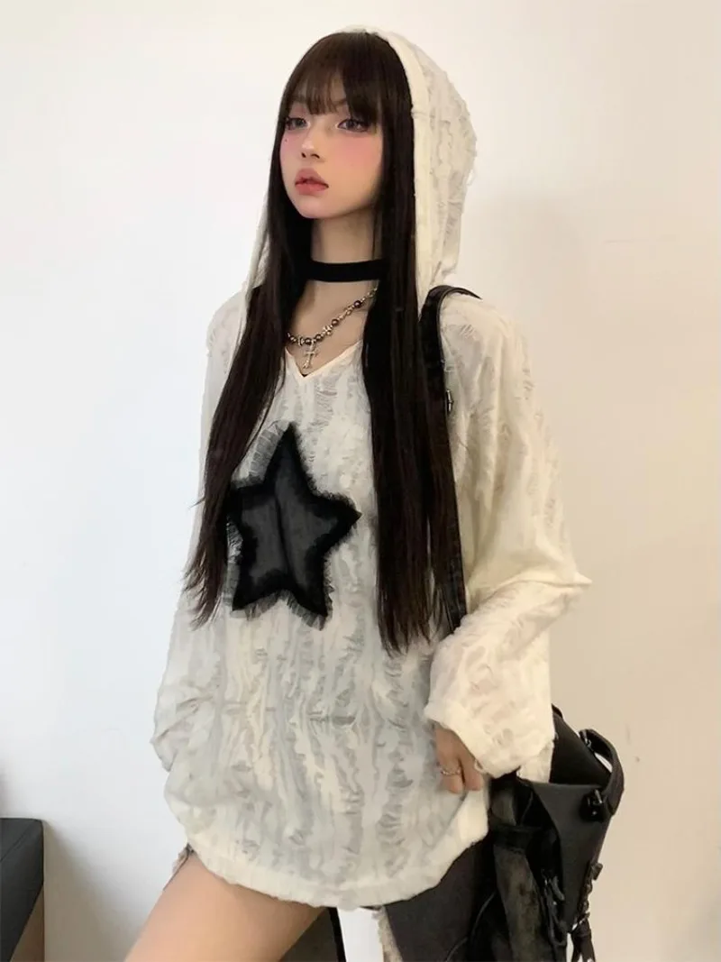 Grunge Hooded T-shirt with Hole Women Fashion Star Print Y2k Loose Tees Kpop Fairycore Ripped Tshirt Harajuku Gothic Streetwear