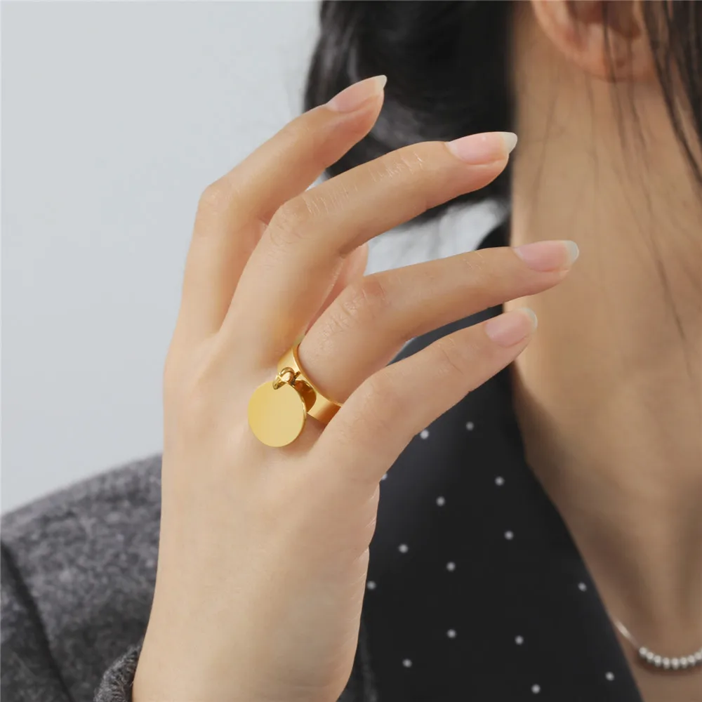 Skyrim Stainless Steel Gold Color Minimalist Ring with Big Round Pendant Finger Rings 2022 Fashion Anniversary Gifts for Women