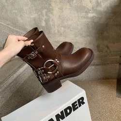 Metal Buckle Round Toe Chunky Heel Short Boots Woman Winter 2023 Black Slip-On Block Heel Boots Brown Retro Western Boots