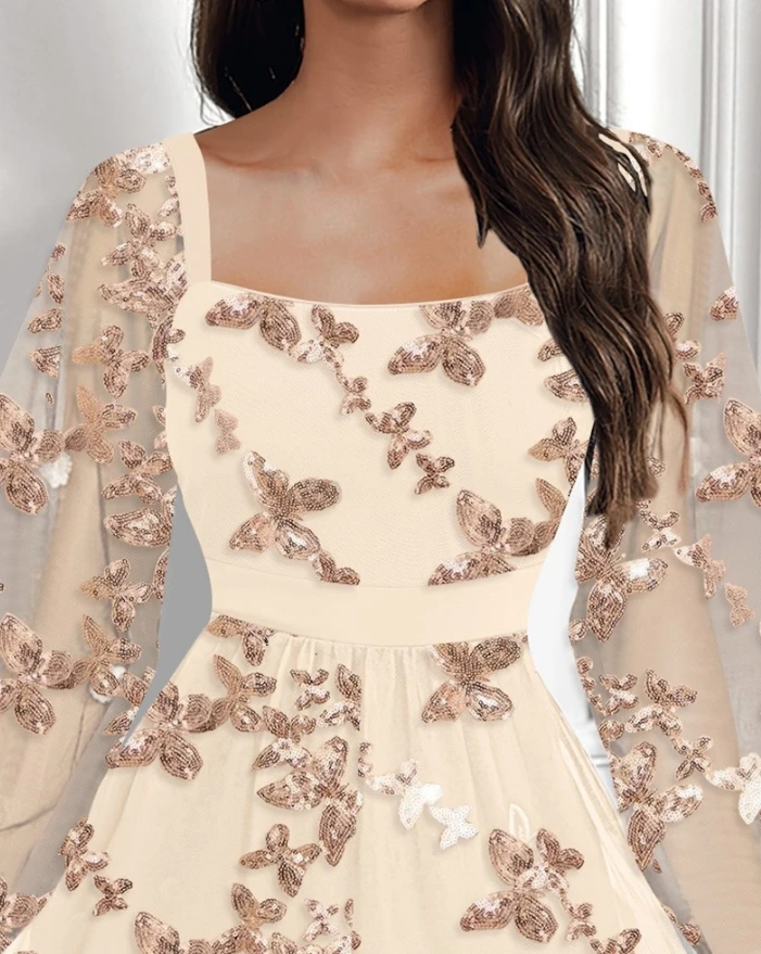 Cream Colored Square Collar Lantern Sleeve Short Skirt with Butterfly Pattern Sequins See Through Mesh Patch Mini Fashion Dress