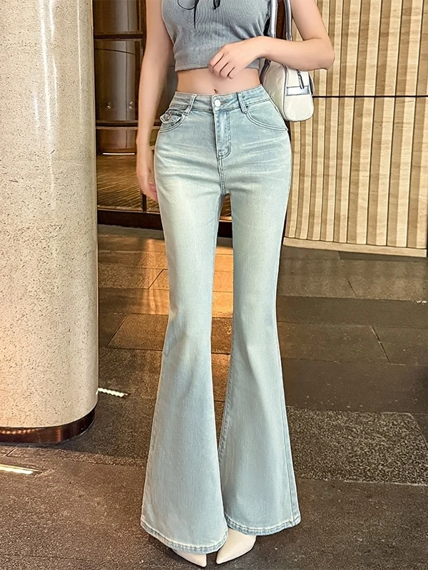 

Spring New Women's High Waist Embroidered Jeans Loose Light Colored Bell Bottoms Slim Fit Elastic Long Pants Metal Ring