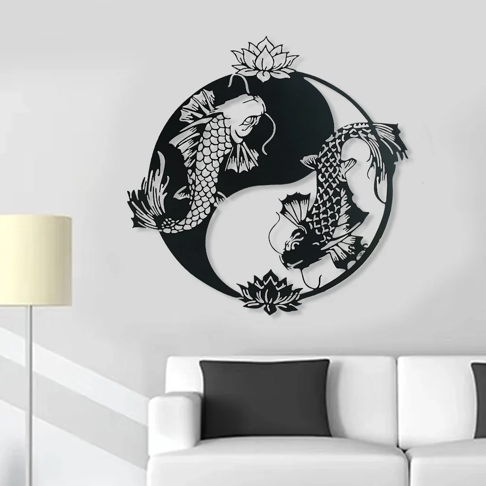 1PC Chinese Style Large Iron Tai Chi Koi Lotus Wall Hanging Home Background Wall Feng Shui Mascot Room Decoration Accessories