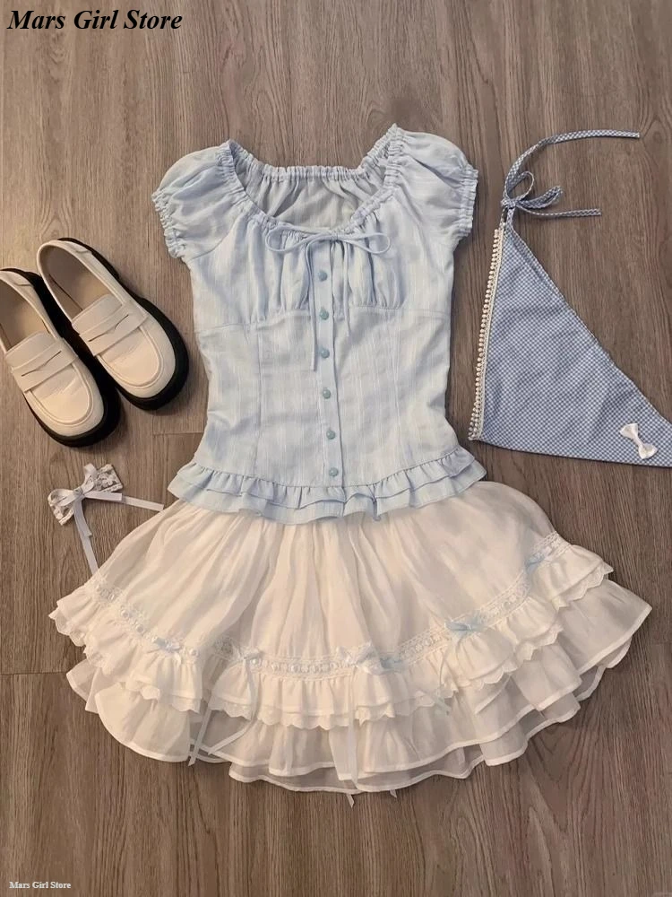 

Summer Sweet Design Retro Slim 2-piece Set Women Kawaii Puff Sleeve Square Neck T-shirts + Hight Waist A-line Cake Short Skirt