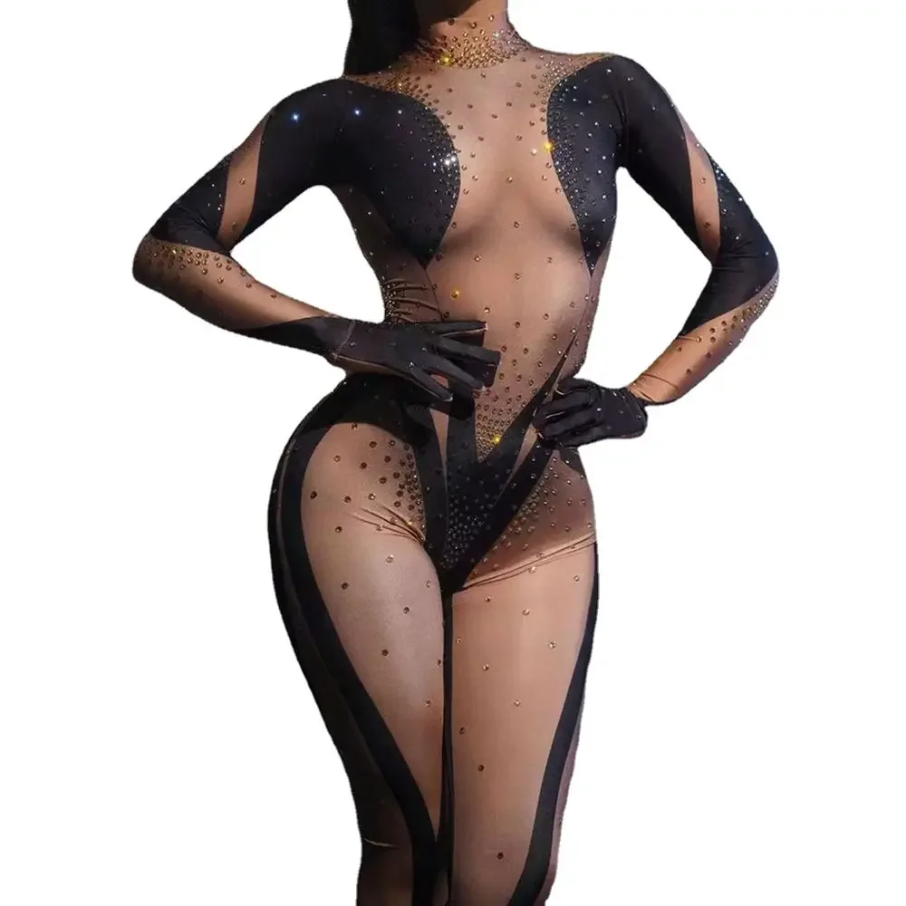 

Sparkly Rhinestones Stretchy Jumpsuit Gloves Skinny Leggings Women Dance Costume NightClub Outfit Dancer Performance Stage Wear
