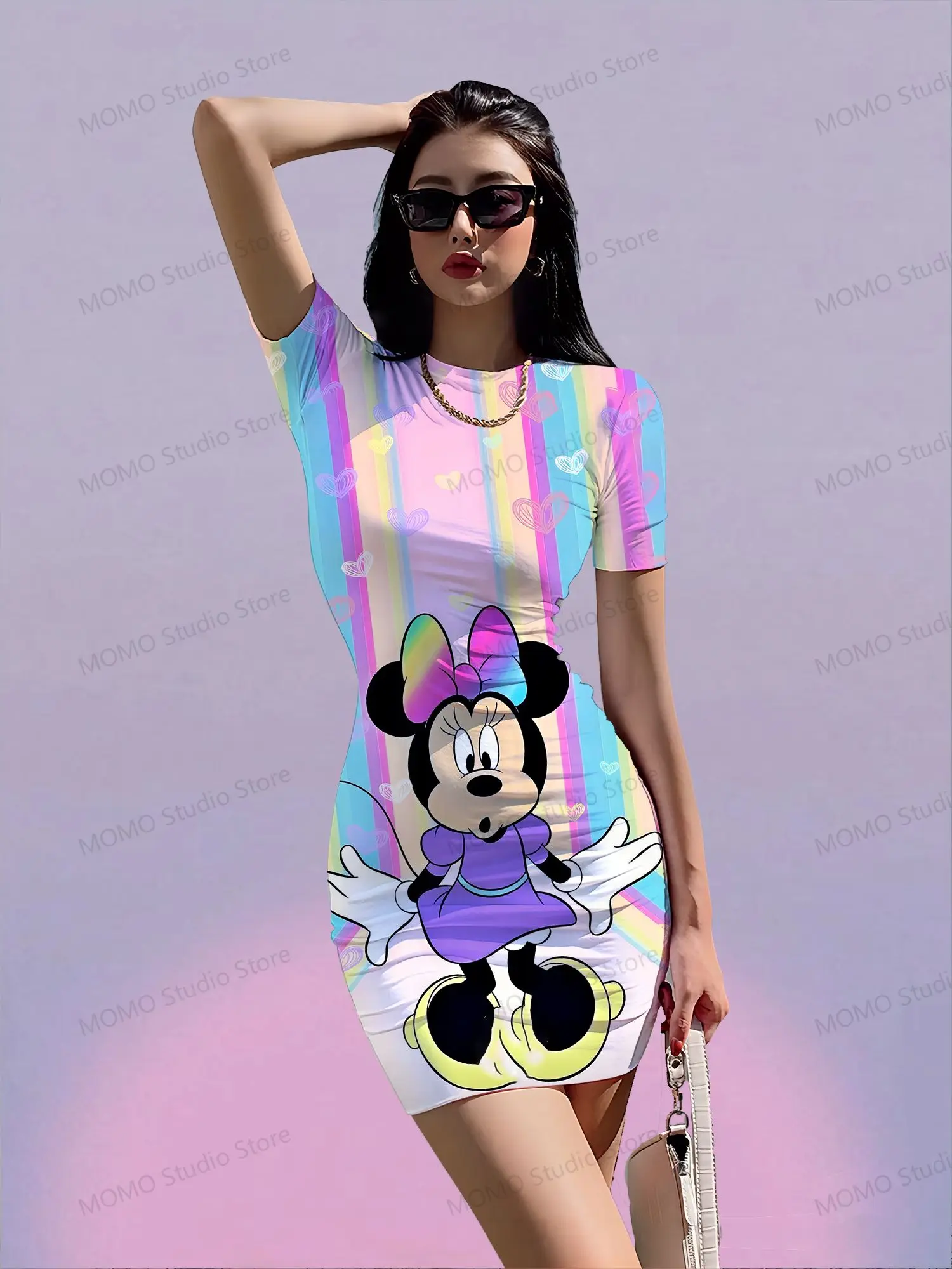 

Women's Short Sleeve Hip Dress Disney Mickey Mouse Kawaii S-3XL Summer Dresses Ladies 2024 O Neck Y2k Fashion New Elegant Sexy