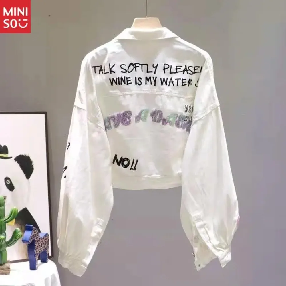 Giacca di jeans bianca Disney da donna primavera e autunno nuovo top ampio a maniche lunghe con stampa di lettere dei cartoni animati