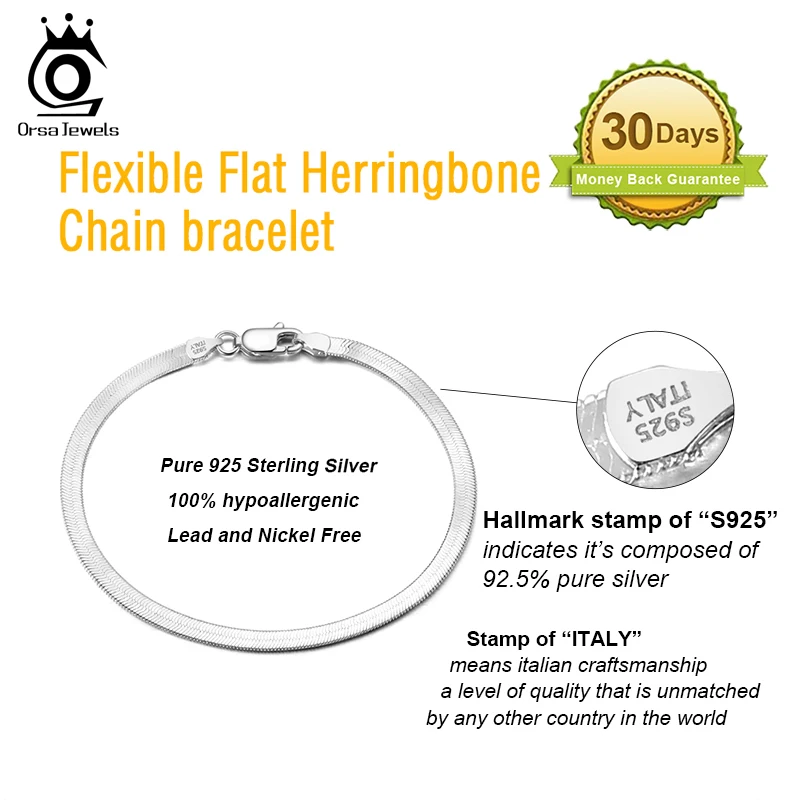 ORSA JEWELS Italian 3mm 4.5mm Flexible Flat Snake Bracelet 100% 925 Silver Flat Herringbone Snake Chain Bracelet SB107 - Image 5