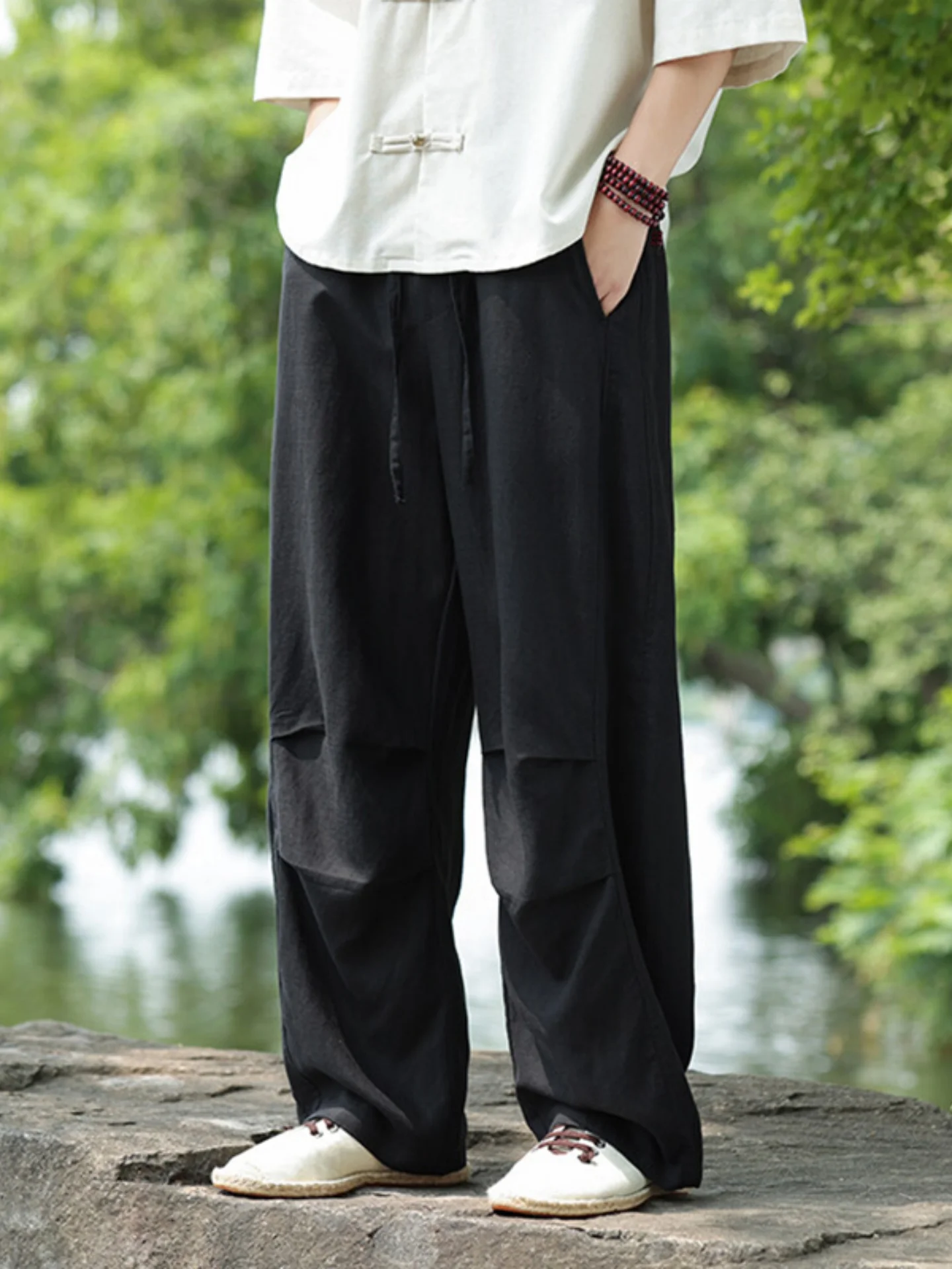 

Pure Linen Wide Leg Pants Men's Summer High End Casual Pants Pleated Design Thin Loose Cotton Linen Pants Straight Cut