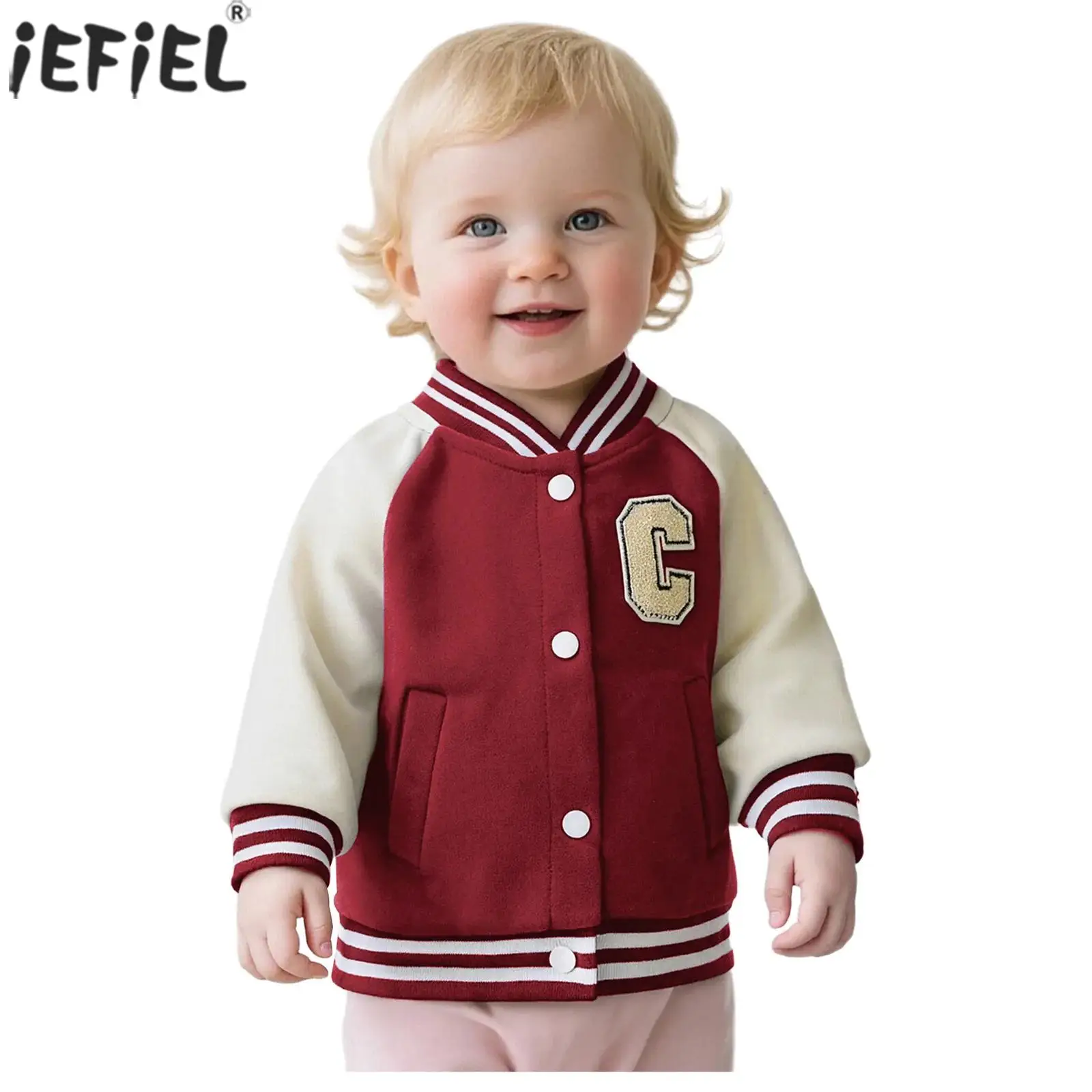 Toddler Baby Baseball Jacket Varsity Long Sleeve Vintage Bomber Coat Outerwear with Pockets Children School Sports Casual Wear