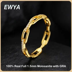 EWYA New In 1.5mm D Color Full Moissanite Diamond Ring For Men Women Unisex S925 Silver Hip Hop Punk Link Rings Fine Jewelry