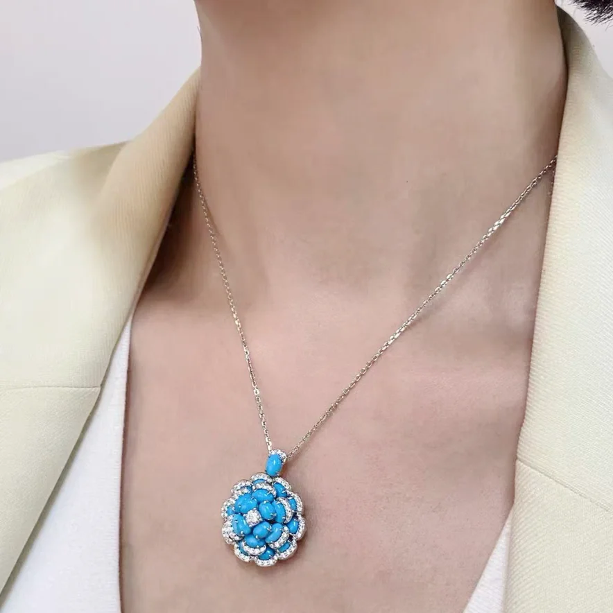 KQDANCE 925 Silver Synthetic Blue Turquoise Gemstone Lotus Rose Flower Earrings Ring Pendant Nekclace Luxury Party Jewelry Set