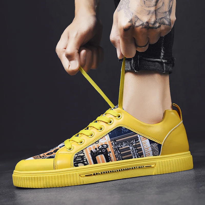 Yellow Casual Men\'s Shoes Fashion Graffiti Vulcanized Sneakers Men Designer Canvas Shoes Unisex Streetwear Hip Hop Sneakers Male