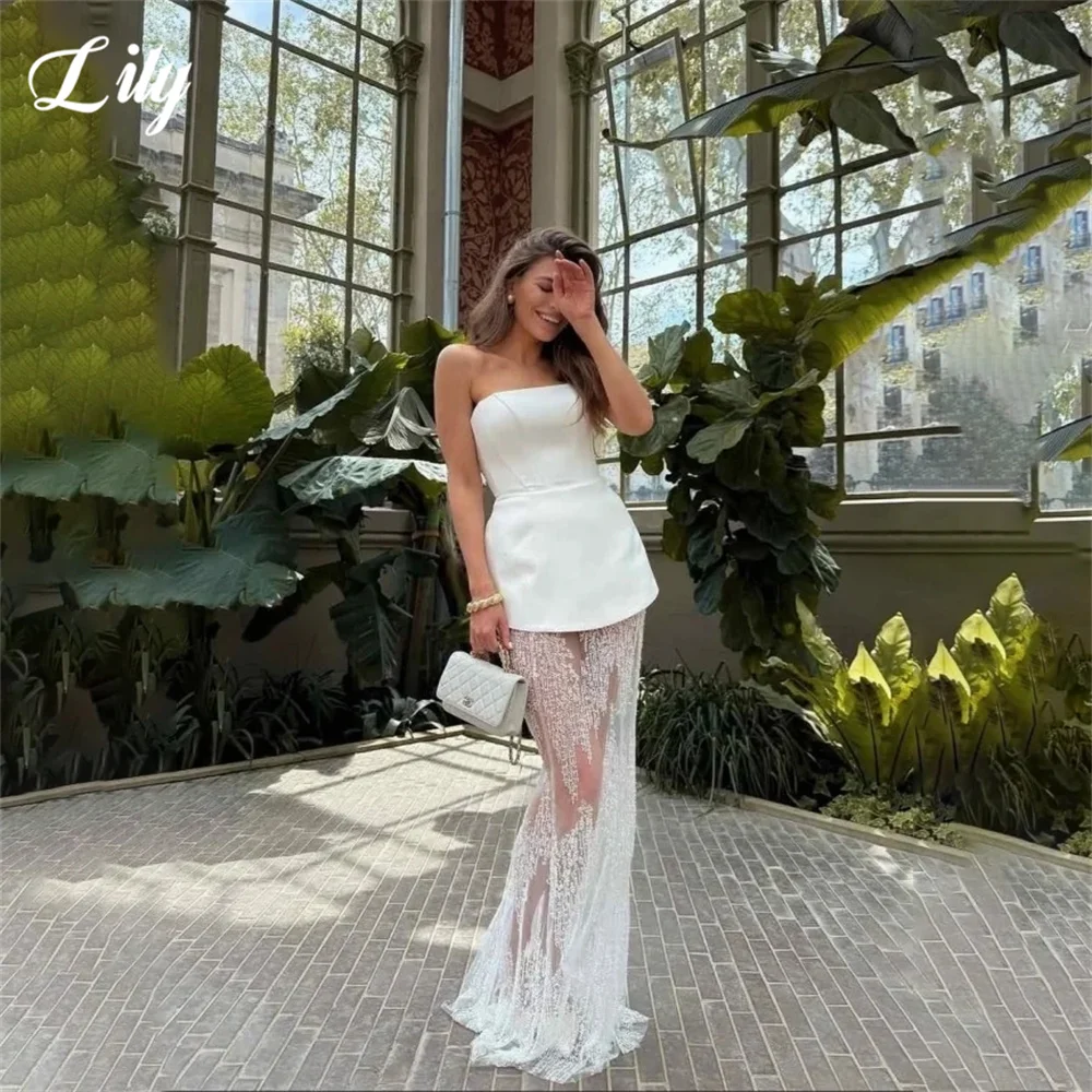Lily White Evening Dress Strapless Prom Dresses Sheer Lace Hem Party Formal Gown Floor Length robe de bal for Woman Customized