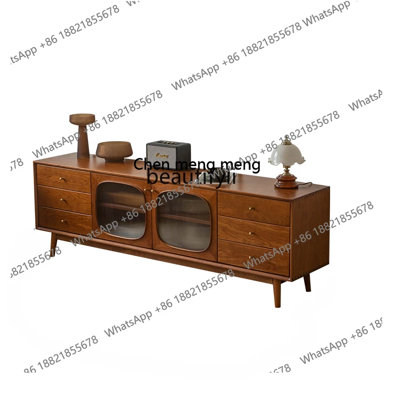 

French Retro Cherrywood Solid Wood TV Cabinet Simple American Arched Small Apartment Living Room Audiovisual Cabinet