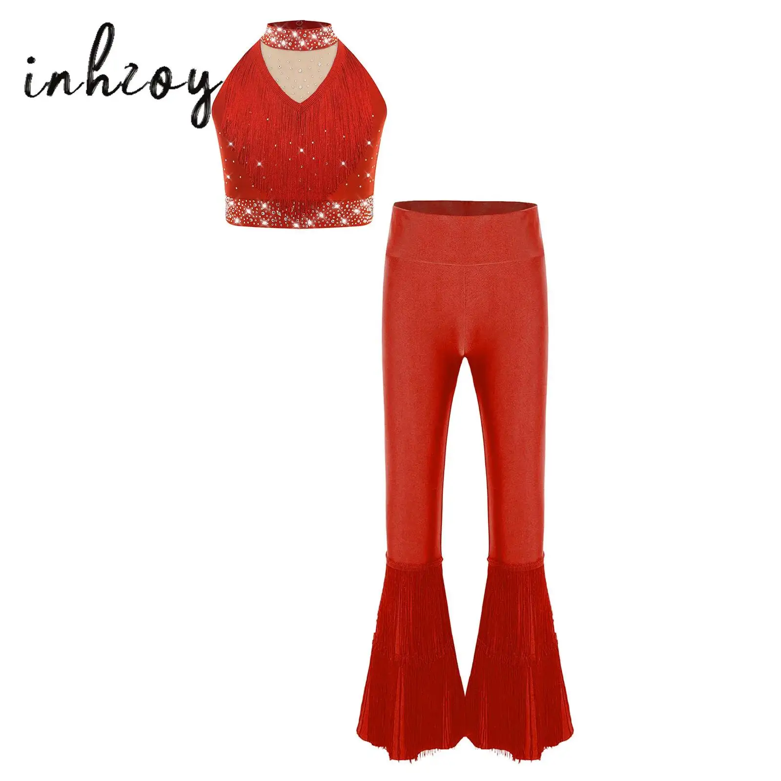 

Kids Girls Latin Dance Outfit Stage Performance Costume Mock Neck Sleeveless Fringe Sparkly Dance Vest with Tassel Flared Pants