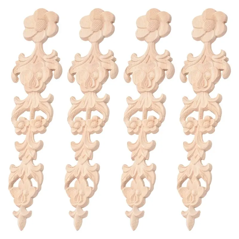 A44I-4Pcs Wood Carved Appliques Retro Round Woodcarving Decal Unpainted Furniture Cabinet Wall Decor Crafts