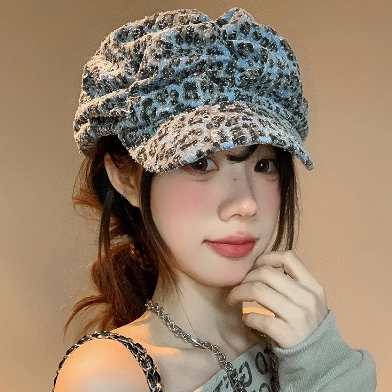 New Personalized American Retro Leopard Print Beret Women Spring and Autumn Big Head Trend Color Matching Octagonal Painter Hat