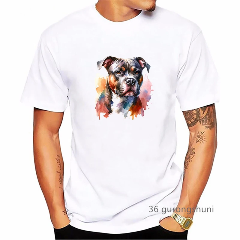 Watercolor American Pitbull Dog Animal Printed T Shirt Men Clothes 2024 Cool White Tshirt Homme Harajuku Kawaii Clothes T-Shirt