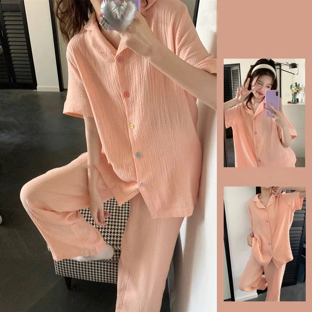 Solid Pajamas Set Woman 2 Piece Set Short/Long Sleeve Loose Women Pyjamas Autumn Night Clothes Ladies Sleepwear Casual Nightwear