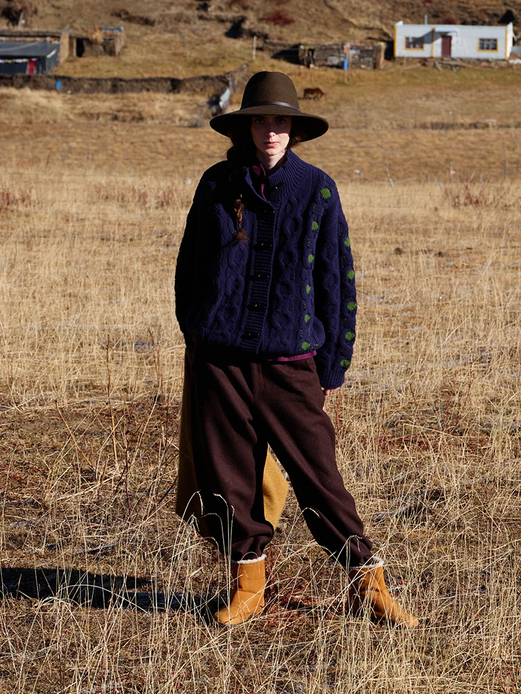 ItoIroI Wool Blend Tweed Wide Leg Casual Pants Autumn Winter Nine Tenths l Waist Button Ladies Faion Casual Pants