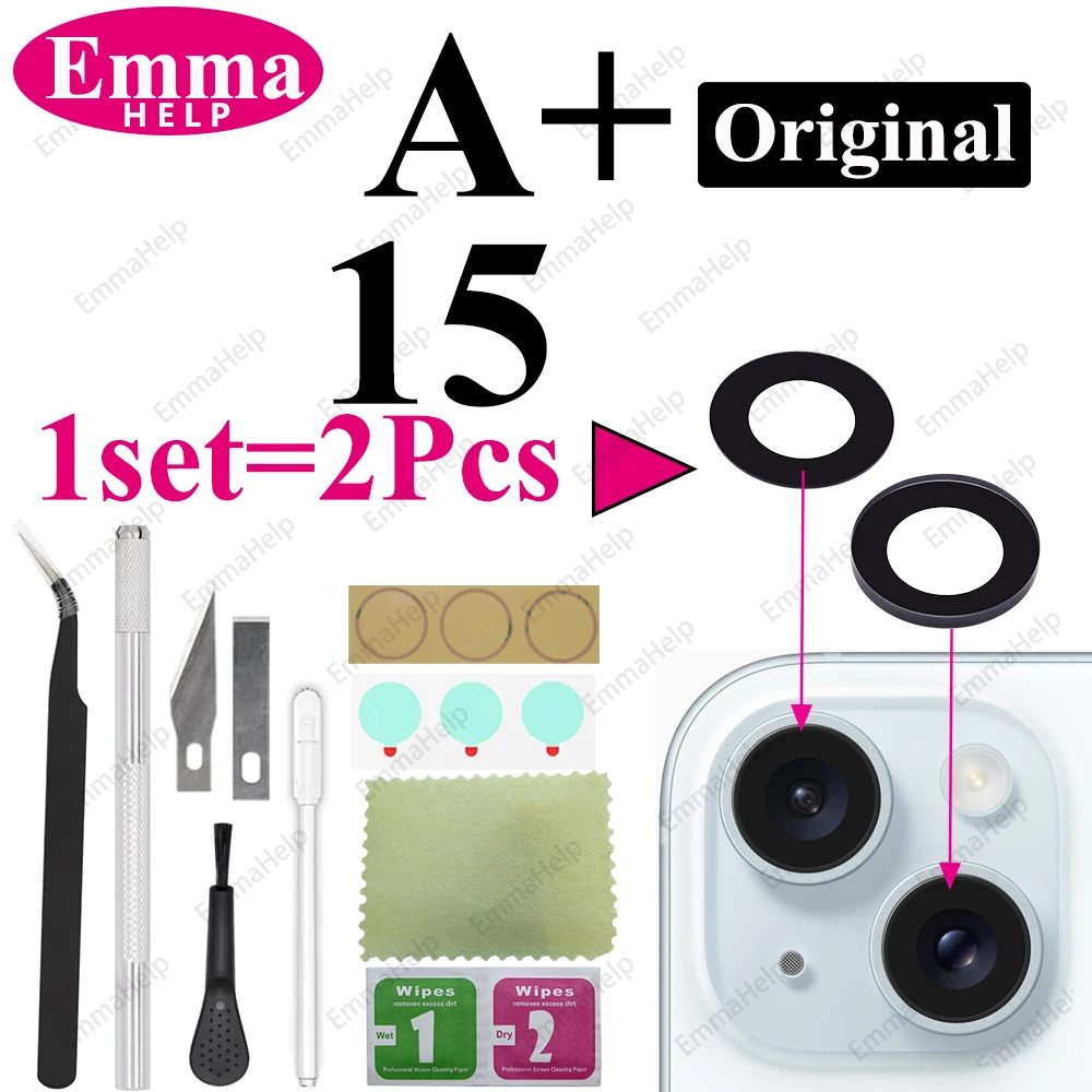 EmmaHelp 1 Set Original Saphir Rückkamera-Objektivglas für iPhone 15 14 13 12 11 Pro Max Plus Mini mit Klebstoff-Reparatur-Werkzeugset 10