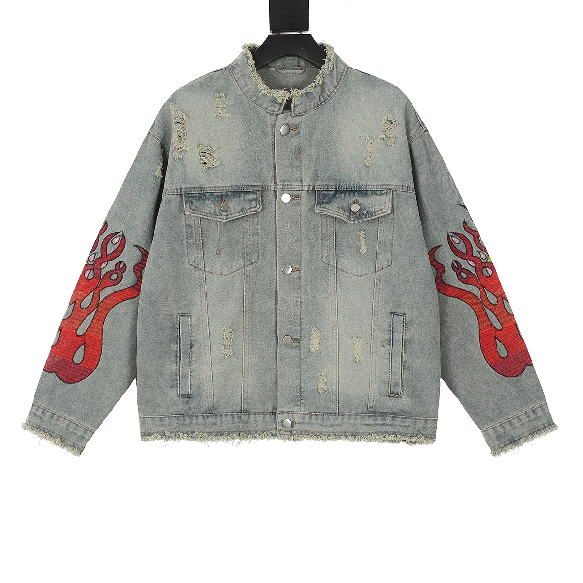 High Street Cleanfit Ripped Flame Embroidery Hole Washed Blue Denim Jackets Men and Women Vintage Frayed Baggy Jeans Coat