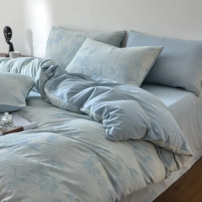 Class A yarn-dyed jacquard cotton four-piece set pure cotton double-layer yarn washed cotton bed sheet quilt cover student dormi