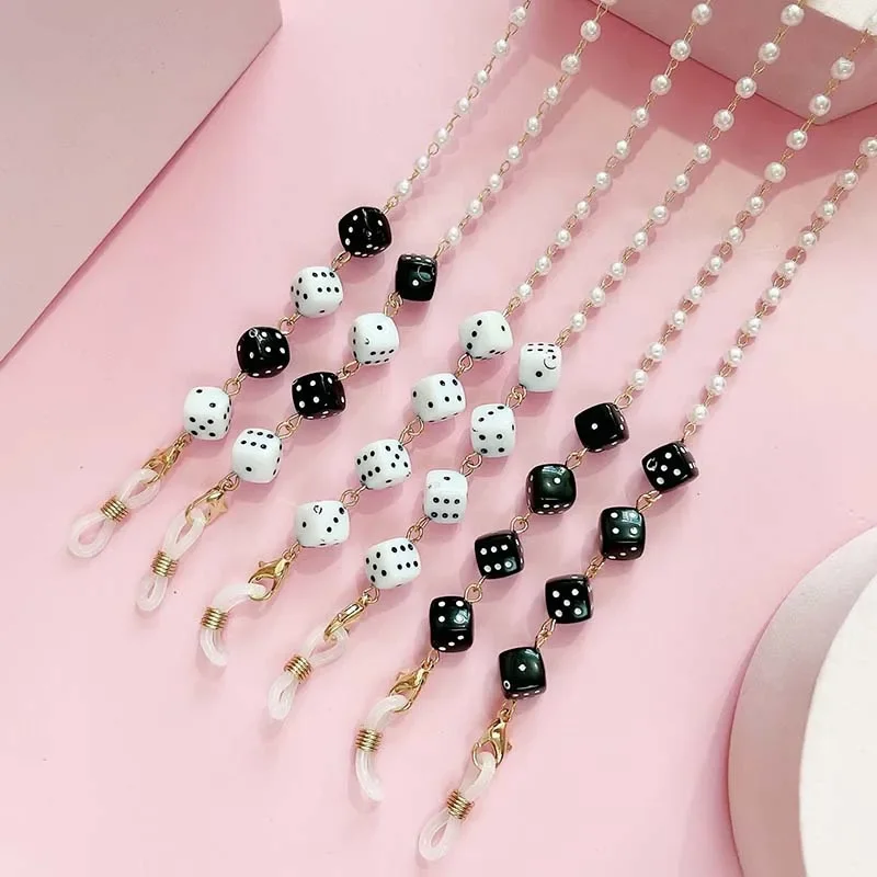 Fashion Pearl Beads Non Slip Mask Holder Neck Rope Creative Black White Dice Charm Glasses Chain Lanyard Jewelry for Women Gifts