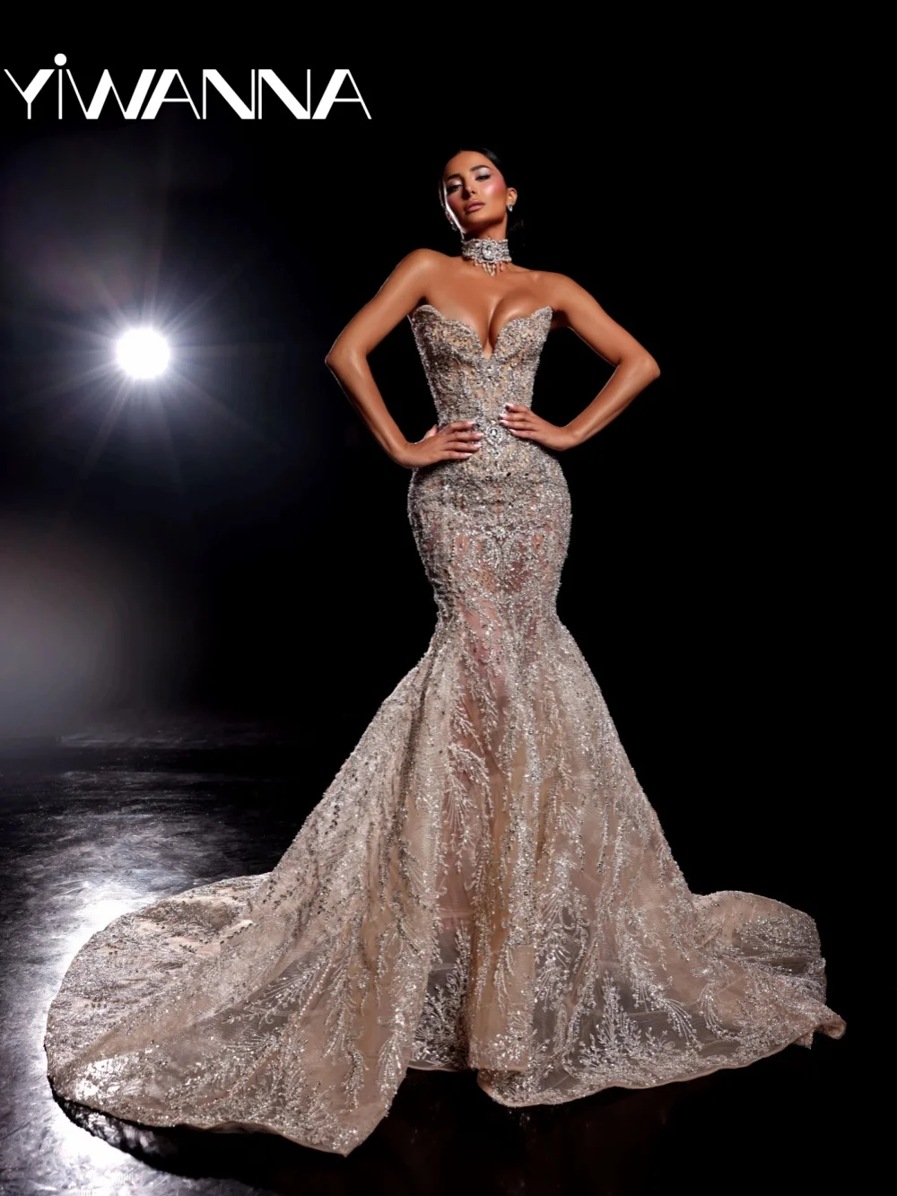 

Opulent Crystal Floor-length Wedding Dress Luxury Embroidery Mermaid Bridal Gown Customized Dreamy V-neck Dresses For Bride