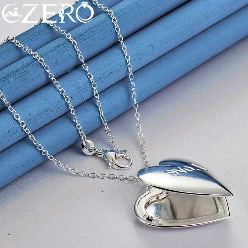 ALIZERO 925 Sterling Silver LOVE Heart Photo Frame Pendant Necklace 16-30Inch Chain For Woman Wedding Party Fashion Jewelry Gift