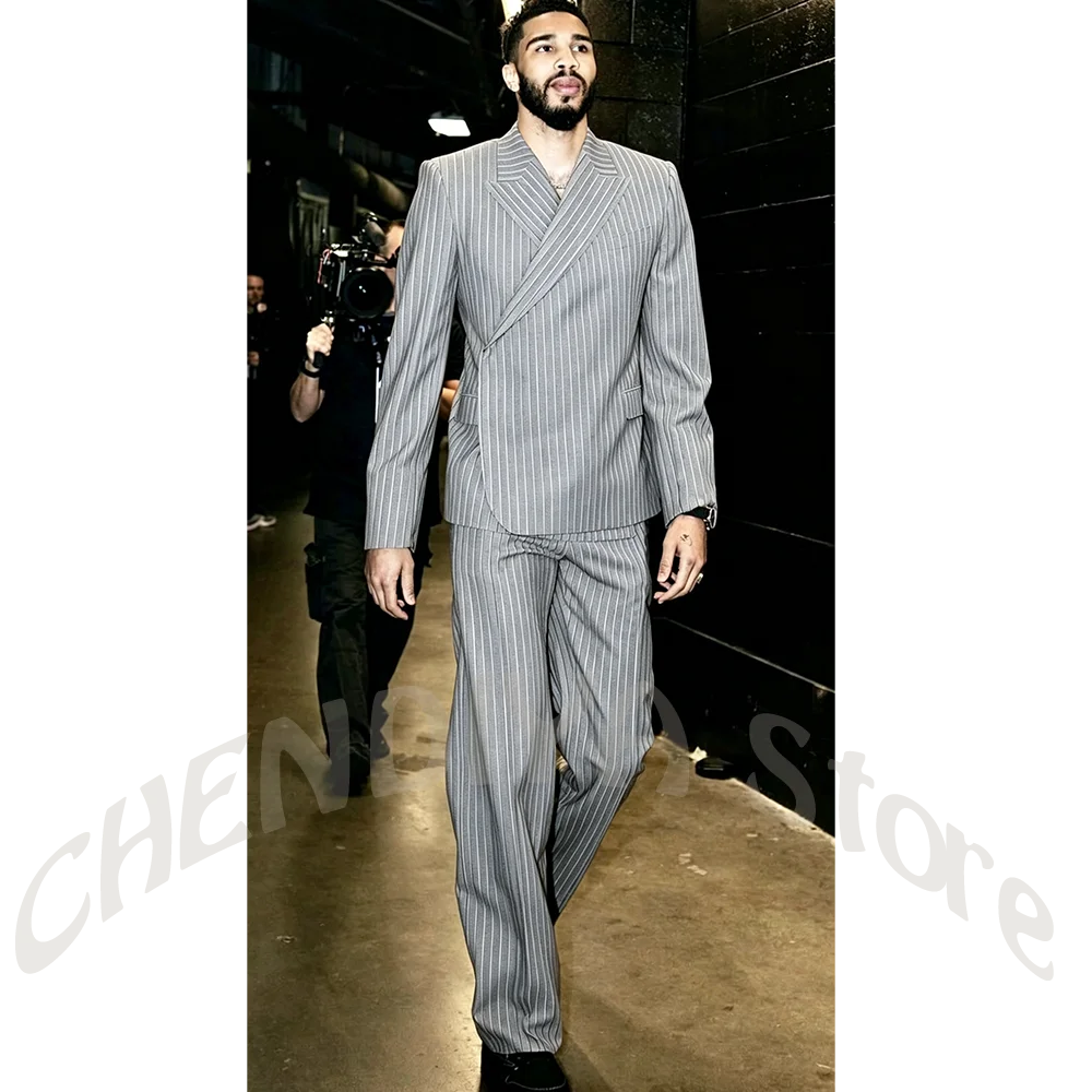 

Luxury Striped Men's Suit Peak Lapel Single Button Formal Business Outfit 2 Piece Fashion Show Office Work Smart Casual Male Set