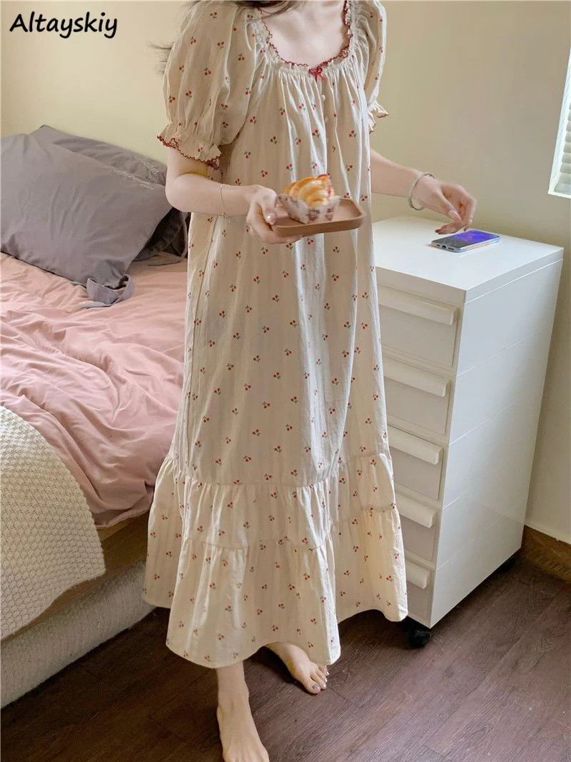 Nightgowns Women Summer Sweet Thin Leisure Chic New Students Ruffles Gentle Printed Prairie  Young Simple Vintage Sleepwear