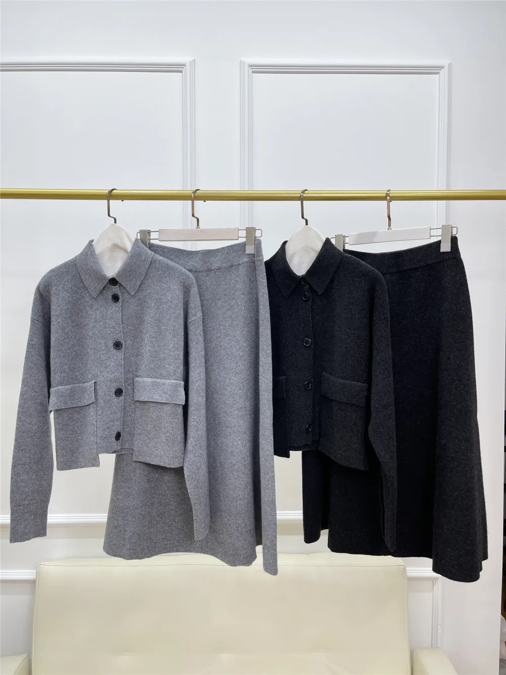 High Quality Women\'s Double Pockets Knitted Cardigan Jacket + A-line Half-skirt +High waist Wide-Leg Pants 3 Piece Set