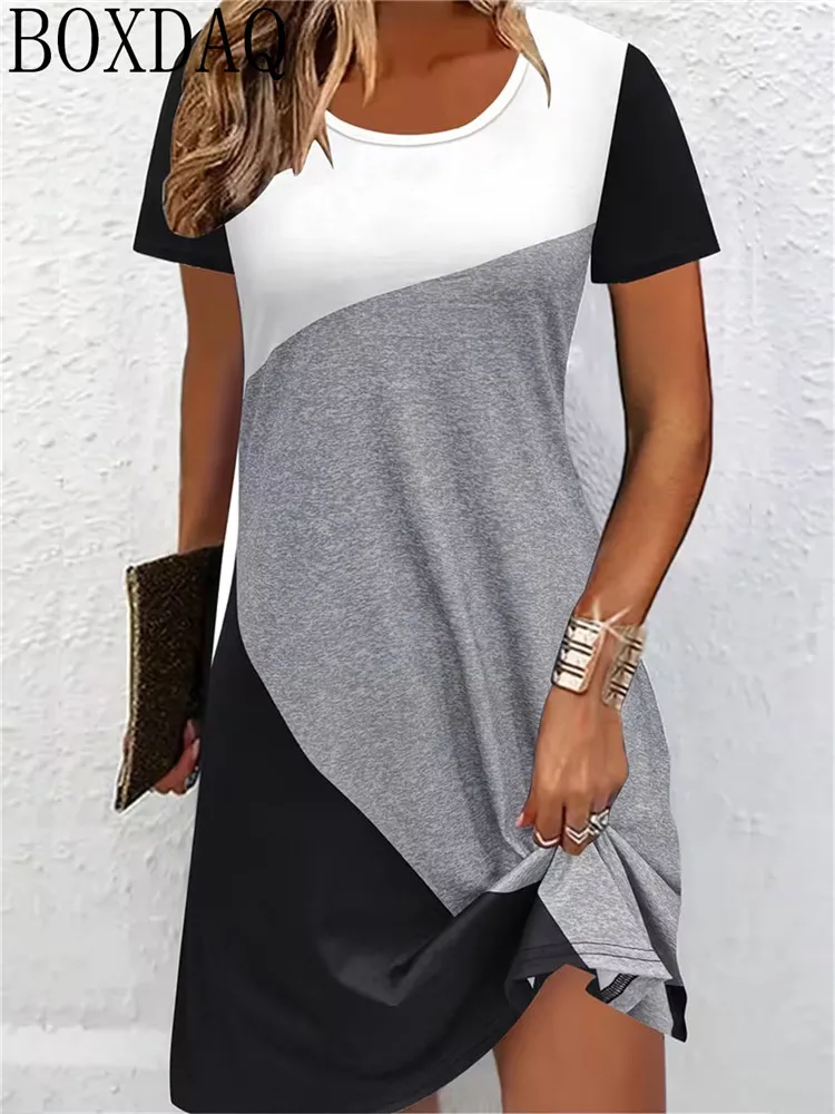 Women's new casual geometric print design round neck short sleeved loose fitting A-line summer dress