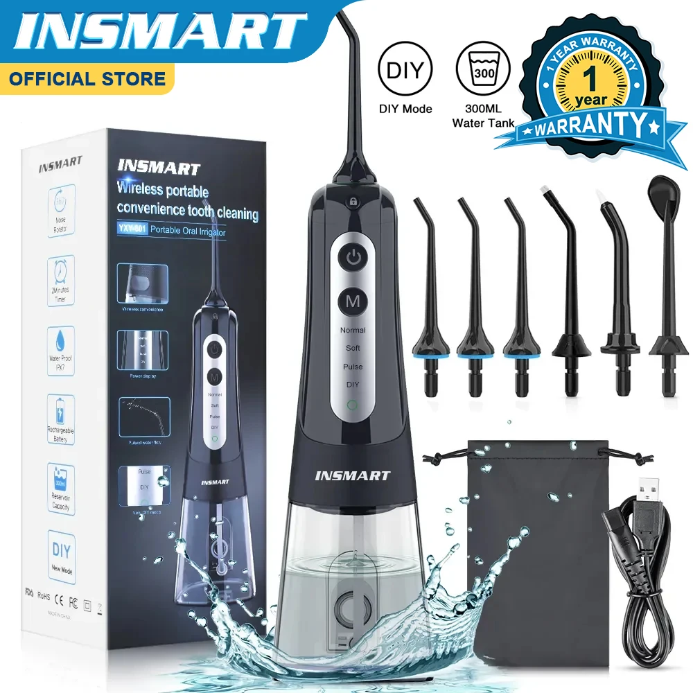 

INSMART Dental Oral Irrigator Water Flosser Teeth Whitening Waterproof Portable Dental 6PCS Water Jet Floss 300ML Teeth Cleaner