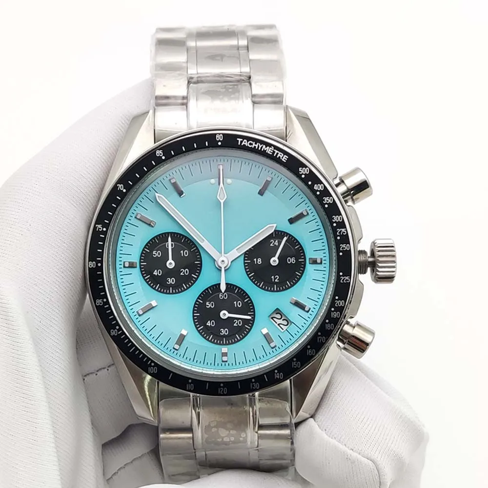 Orologio cronografo sportivo casual da uomo al quarzo da 40 mm, cassa argentata e nera resistente all'acqua in acciaio inossidabile, movimento VK63