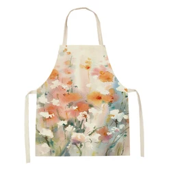 Home Flower Printed Linen Pinafore Kitchen Apron Women Men Home Cooking Baking Waist Bib Kitchen Accesories Apron