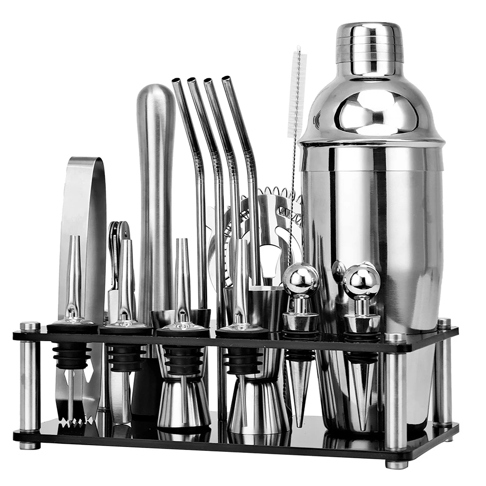 20Pcs 350/550/750ml Cocktail Shaker Set Mixer Drink Bartender Kit Stainless Steel Bars Set Tools With Rack Stand for Bar Party